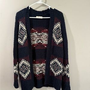 2016 Hollister Navy Open-Front Fair Isle Cardigan with Cream & Burgundy Pattern